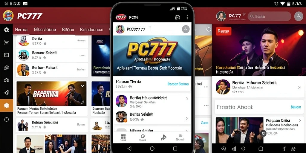 Antarmuka aplikasi PC777 dengan berita selebriti terkini.